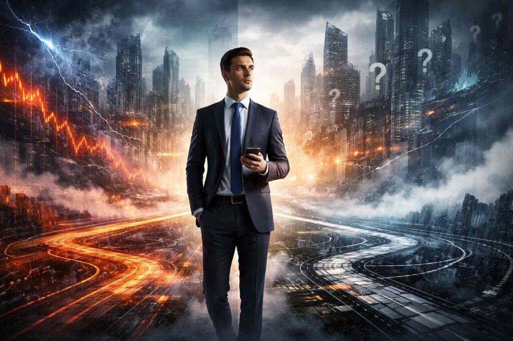 Líder empresarial analisando cenários de incerteza e transformação digital, representando volatilidade, complexidade e desafios estratégicos no ambiente corporativo.