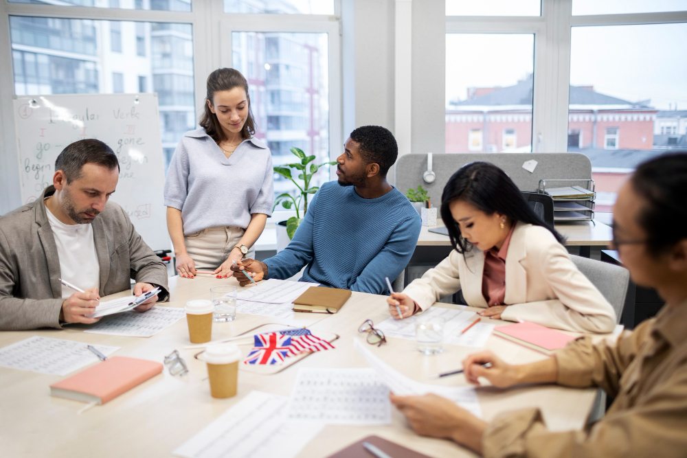 inglês executivo Grupo de adultos discutindo atividades de inglês executivo durante estudo colaborativo.