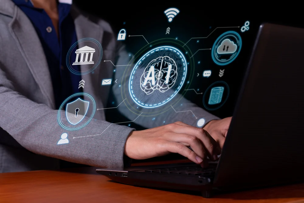 inteligência artificial Executivo operando ferramentas de inteligência artificial para negócios.