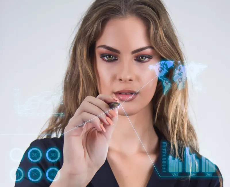 líder feminina manipulando dados gerados pro inteligência artificial.