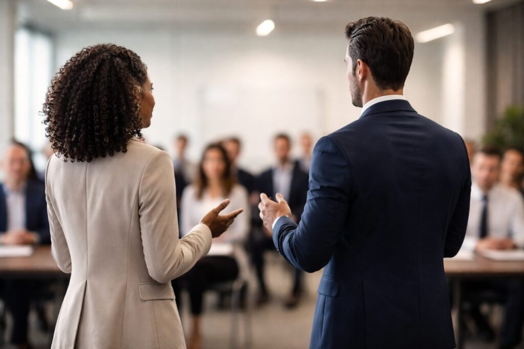 Dois profissionais apresentam diante de público em ambiente corporativo moderno, ilustrando liderança, trabalho em equipe e comunicação corporativa eficaz.