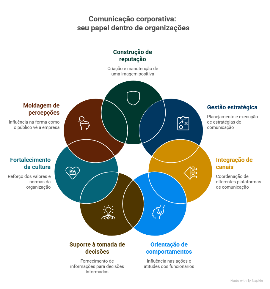 Diagrama colorido com círculos interligados destacando funções estratégicas da comunicação corporativa, como reputação, cultura, decisões e integração organizacional.