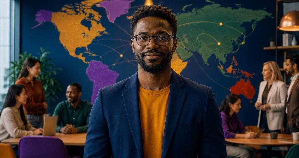 Profissional confiante em escritório moderno, mapa mundial colorido ao fundo simbolizando colaboração internacional e forte espírito de Global Mindset.