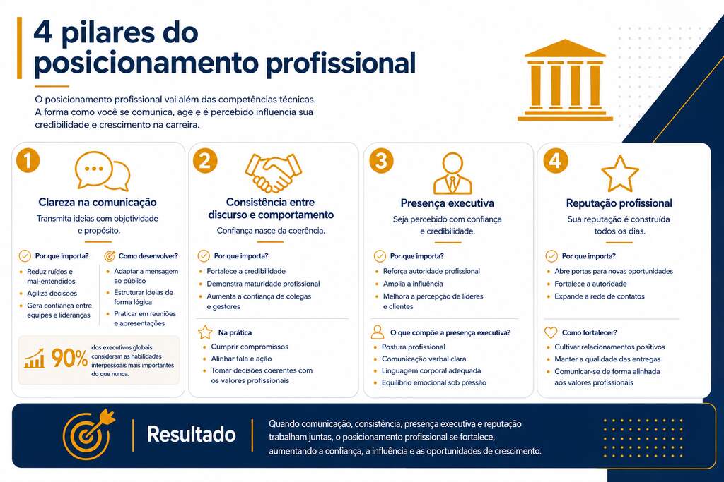 Infográfico explica quatro pilares essenciais do posicionamento profissional, destacando comunicação, consistência, presença executiva e reputação para credibilidade.