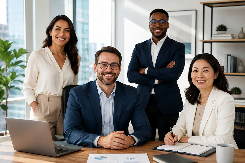 Executivo sentado em escritório corporativo moderno representa desenvolvimento executivo, liderança estratégica, confiança profissional.